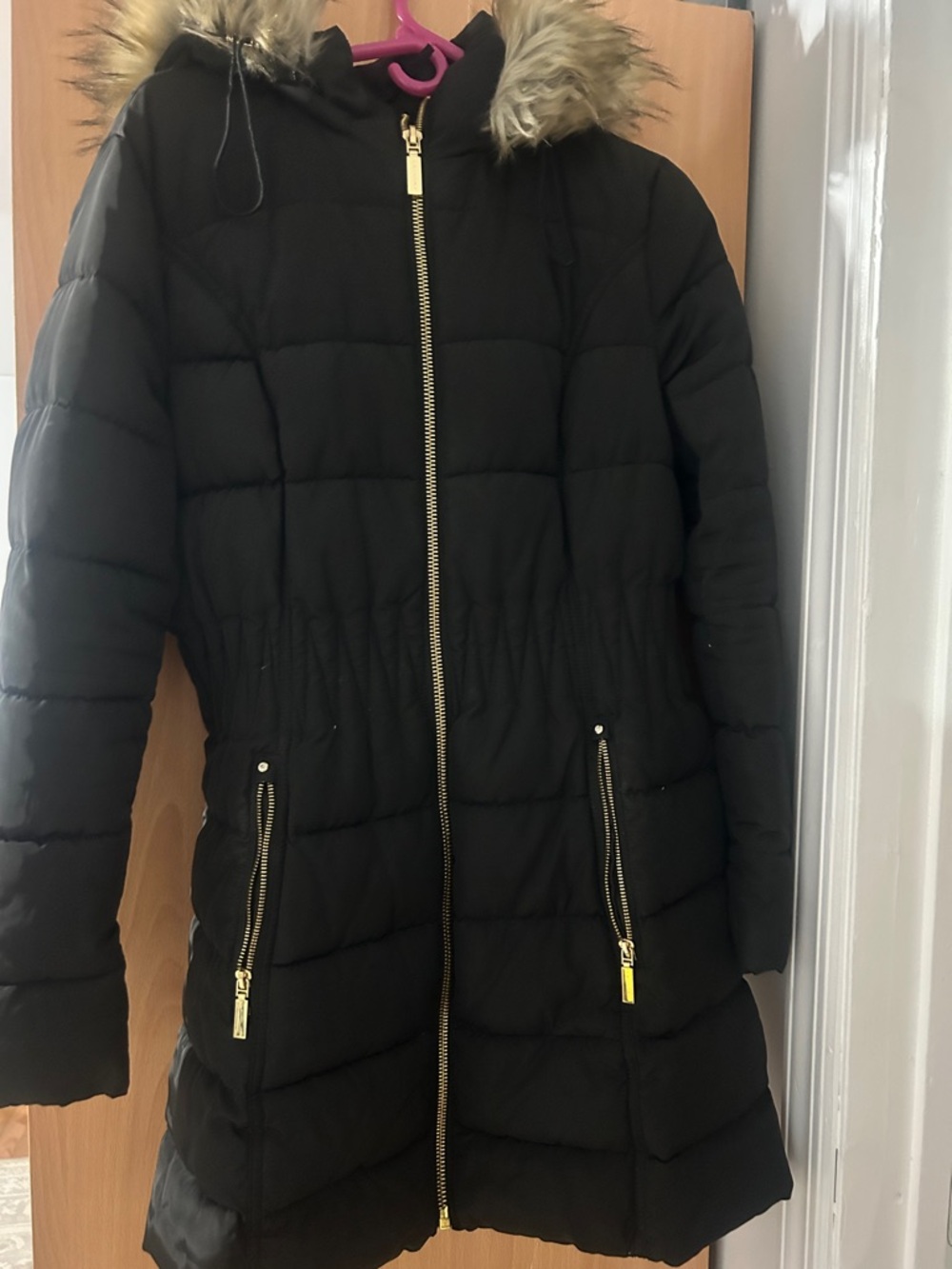 Chinese Laundry Black Quilted Hooded Puffer Coat with Faux Fur Trim